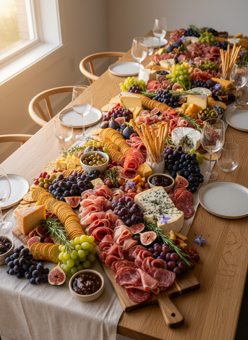 A lavish, fully styled charcuterie grazing table stretching across a long, natural oak dining table, covered in an ivory linen runner. Abundant boards display ribbons of prosciutto and salami, wedges of aged cheddar and creamy brie, clusters of glistening grapes, figs split to reveal jewel-toned centers, and neatly fanned crackers. Fresh herbs, edible flowers, and small bowls of olive tapenade add refined detail. Soft golden hour sunlight filters in from a nearby window, casting gentle highlights on glossy fruit and polished glassware. Photographed from a slightly elevated angle with sharp focus throughout, the composition feels balanced, sophisticated, and inviting, in crisp photographic realism for a premium event catering website hero image.